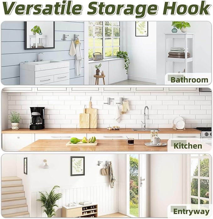 APLusee Swivel Towel Hook Brushed Nickel, 304 Stainless Steel 3 Arms Foldable Bathroom Robe Towel Hook, Shower Coat Hanger, Wall Kitchen Holder, 2 Pack