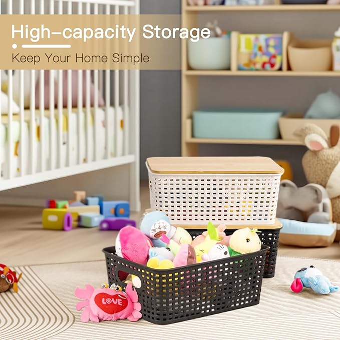 Criusia 6 Pack Plastic Storage Baskets With Bamboo Lid, Stackable Storage Baskets for Organizing Desktop Closet Shelves Drawers Pantry Organization Office Playroom Classroom (Black)
