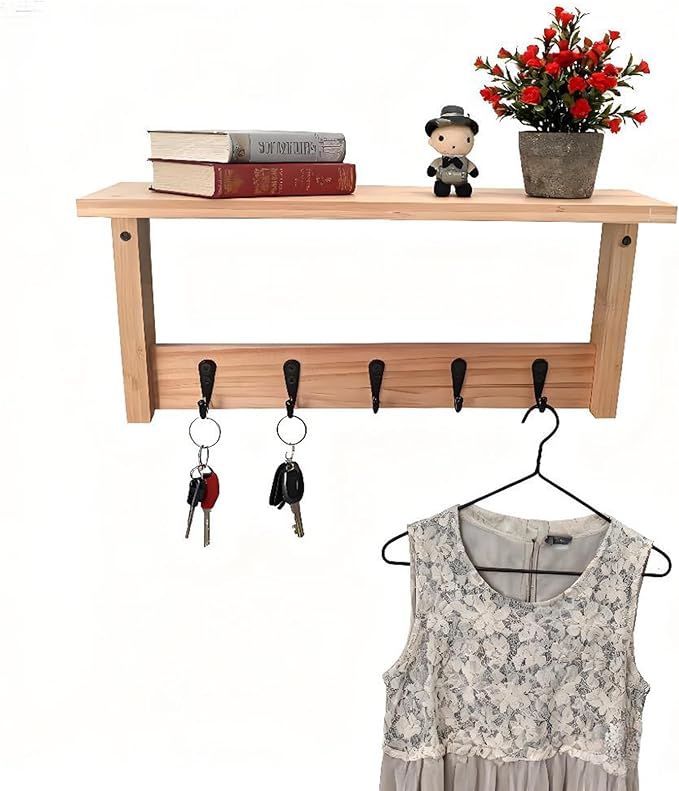 Wall Shelf with Hooks, Multi-Purpose Wooden Shelf & Metal Hooks for Home Entryway, Living Room,Office - Heavy Duty Coat Rack Organizer Hanging Coats, Bags, Key Holder