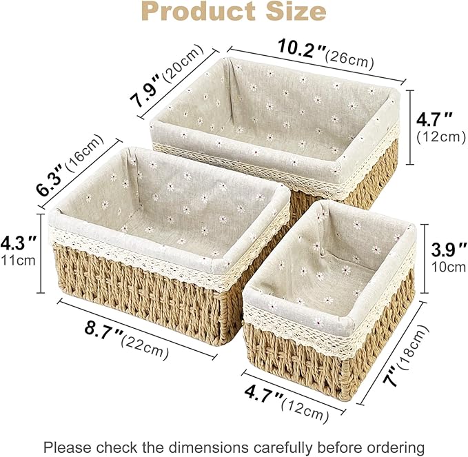 Wicker Storage Baskets 3-Pack Set, Hand-Woven Paper Rope Rattan Bins with Removable Liner, Multi-Size Organizer Baskets for Pantry, Countertop, Bedroom, Bathroom, Shelves (Beige, L+M+S)