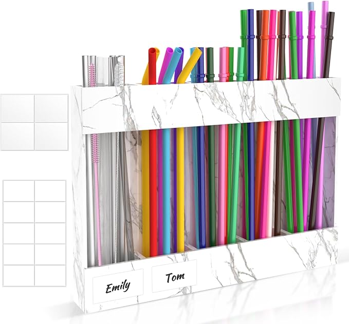 9.5” Large Acrylic Straw Holder for Cabinet Door with Detachable Ultra Sticky Adhesive Squares and Stickers, 2026 Reusable Straws Organizer Storage Dispenser for Kitchen Counter Cupboard