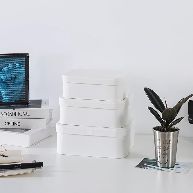 Soul & Lane Set of 3 Textured White Boxes with Rounded Edges, Decorative Cardboard Boxes with Lids, Large Nesting Paperboard Containers for Gifts, Organizing, Keepsakes