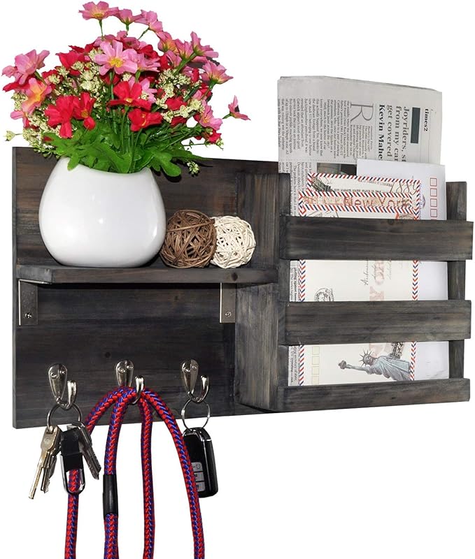Spiretro Wall-Mounted Key Holder Hooks - Rustic Wood Weathered Grey & Black - Entryway Organizer for Mail, Leashes, and Purses - Floating Shelf, 16.5” W x 9.75" H x 4.5” D