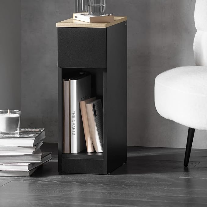 SoBuy Narrow NightStand â Slim Bedside Table with Drawer & Shelf, Small Black End Table for Bedroom, Couch, Entryway, Compact Skinny Night Stand for Small Spaces, FBT111-SCH