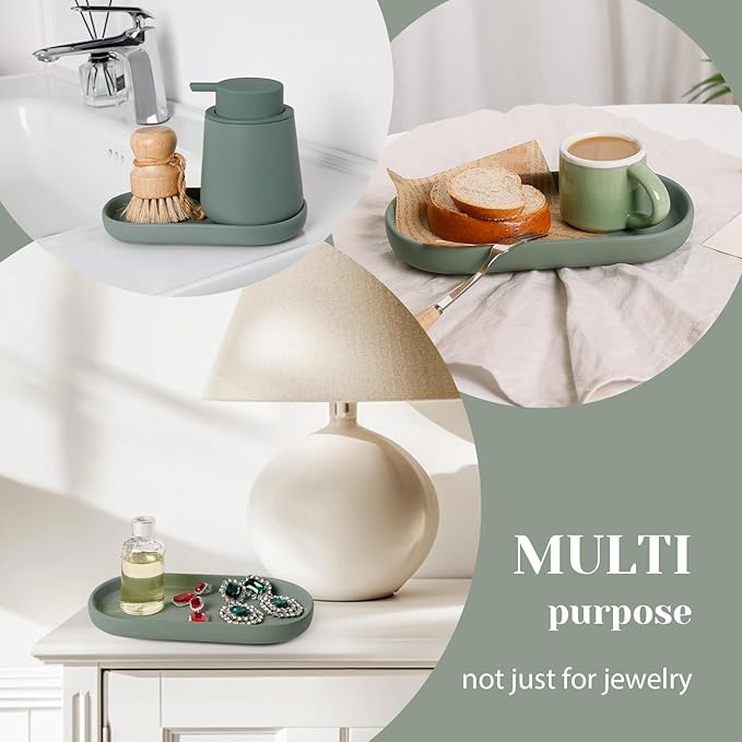 Ceramic Jewelry Tray â Oval Vanity Dish for Rings, Earrings, Bracelets â Minimalist Decorative Trinket Holder for Dresser, Bathroom, Nightstand â Matte Green