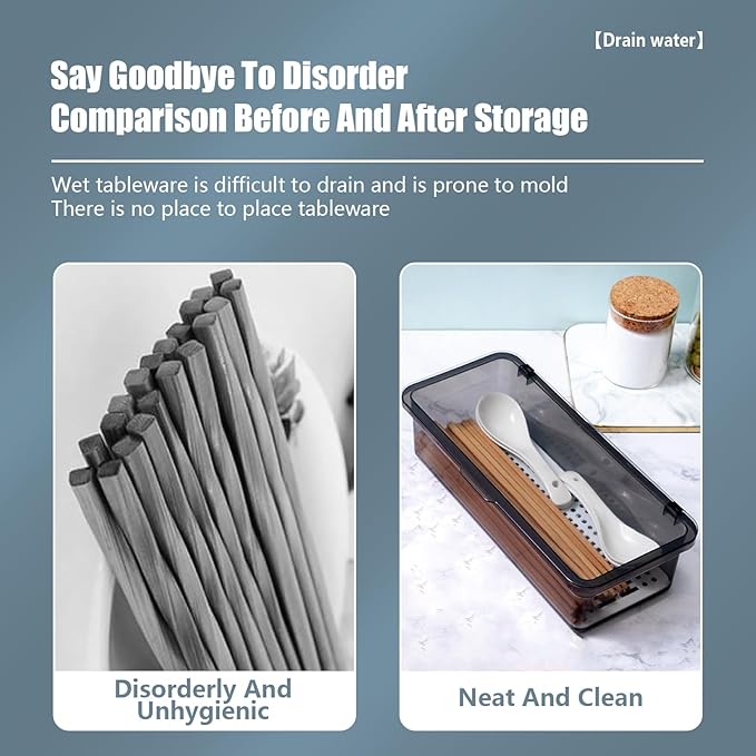 SUNSHNO Flatware Tray with Lid and Drainer, Tableware Utensil and Cutlery Drawer Organizer with Lid Covered Silverware Tray to Keeps Your Cutlery Organized and Protected