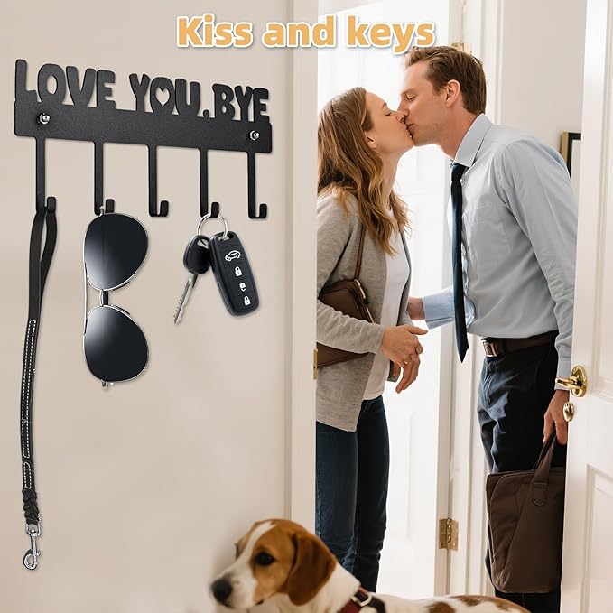 Key Holder Wall Mount – 'Love You.Bye' Entryway Organizer with 5 Hooks,Black Metal Key Hanger (10x4 Inch) – No Drill Adhesive or Screws for Easy Installation