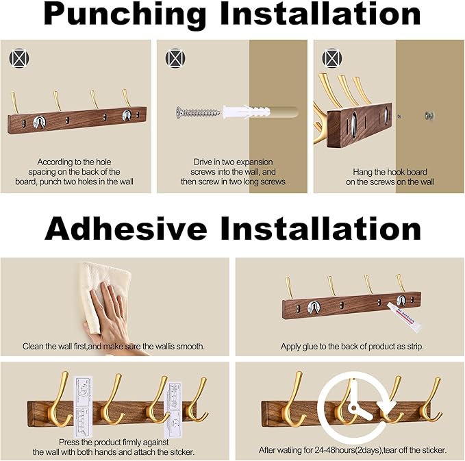 17.3" Small Walnut Wood Coat Rack Wall Mount with 4 Hooks, Heavy Duty Wooden Jacket Hanger Door Mounted for Decorative Entryway Bathroom Hanging Towel Backpack Purse Clothes Hat Key Gold
