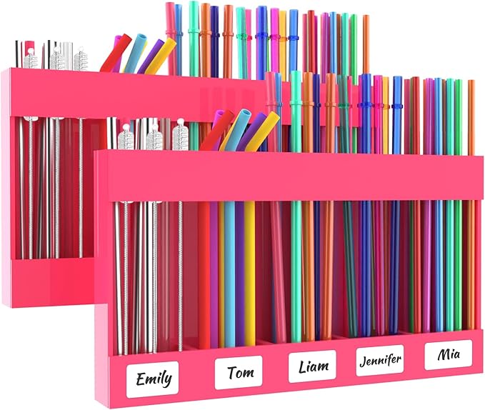 2 Pack 9.5” Large Acrylic Straw Holder for Cabinet Door with Detachable Ultra Sticky Adhesive Squares and Stickers, 2026 Reusable Straws Organizer Storage Dispenser for Kitchen Counter Cupboard
