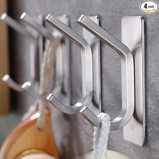 Taozun Upgraded 4-Pack Brushed Stainless Steel Adhesive Hooks - Stylish Bathroom & Coat Hooks Holder for Towels, Robes