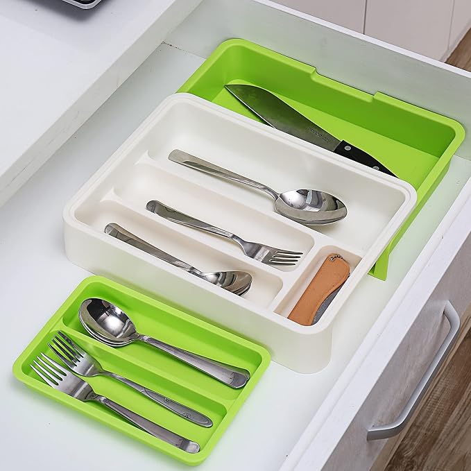HornTide 3-in-1 Cutlery Tray, Expandable Utensils Holder, Plastic Kitchen Drawer Organizer for Silverware Storage and More - Green