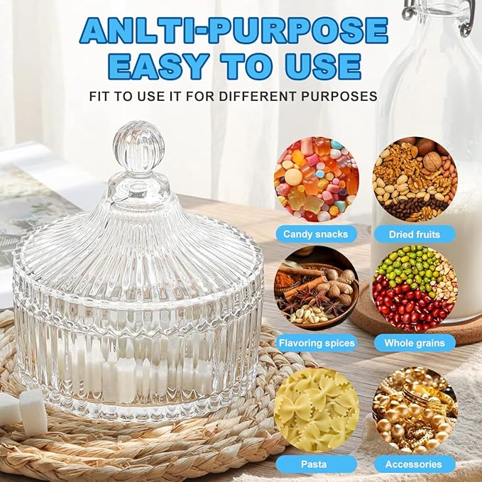 280ML/10Oz Candy Dishes Crystal Glass Candy Box with Lid Decorative Covered Food Storage Organization Sugar Bowl Cookie Jar Biscuit Jar Seasoning Jar for Home Kitchen(Clear)