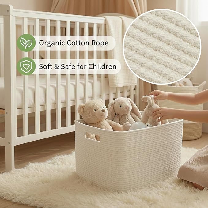 Woven Blanket Basket,65L Large Storage Bin for Blankets Toys Clothes,Decorative Rope Basket for Living Room Bedroom with Handles, White