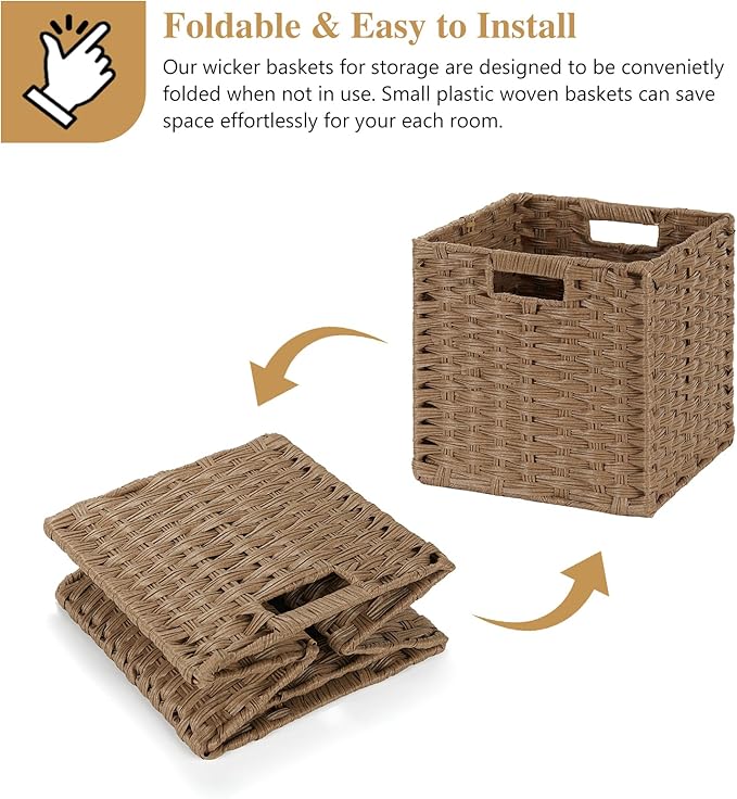 DULLEMELO Wicker Storage Baskets 11x11 Storage Cube Bins Foldable Plastic Cubby Baskets for Shelves Set of 2 Waterproof Woven Storage Bins for Organizing Pantry,Closet,Toys - Brown