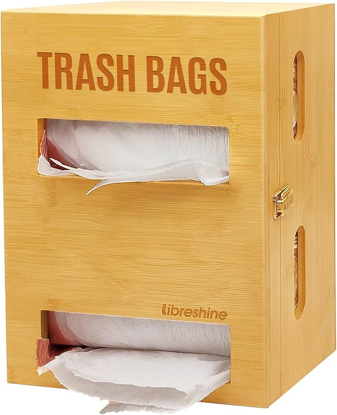 2-in-1 Extra Large Bamboo Trash Bag Dispenser Holder - Wall Mount Garbage Bag Organizer for Costco/Sam's Club Rolls, Space-Saving Kitchen/Pantry/Laundry/Garage Storage with Non-Slip Base