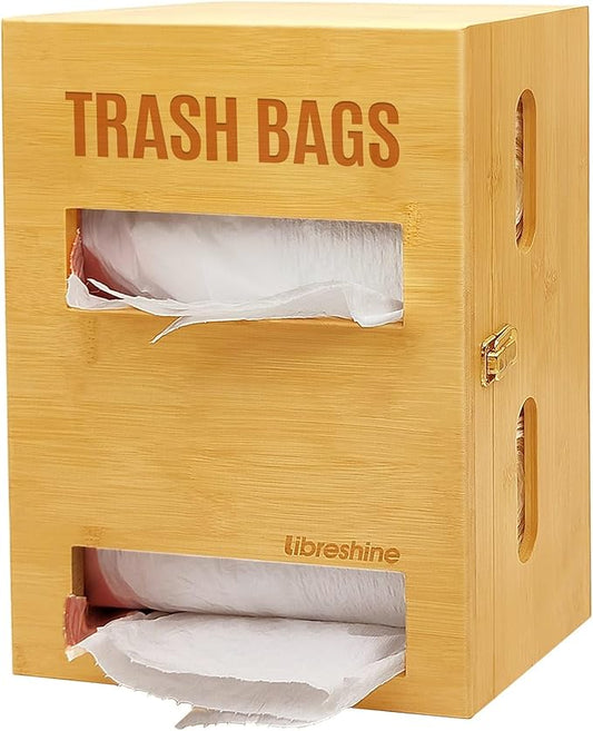 2-in-1 Extra Large Bamboo Trash Bag Dispenser Holder - Wall Mount Garbage Bag Organizer for Costco/Sam's Club Rolls, Space-Saving Kitchen/Pantry/Laundry/Garage Storage with Non-Slip Base