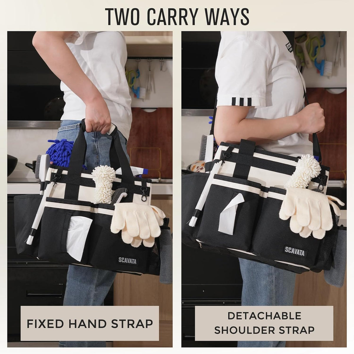 SCAVATA Compact Wearable Cleaning Caddy with Handle & Shoulder Straps Small Cleaning Supplies Organizer, Under Sink & Car Cleaning Tools Storage Bag for Housekeepers Cleaners, Cream White