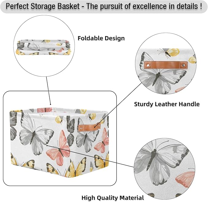 Cute Storage Bins for Organization, Canvas Book Storage Bins Handles, Bedroom Shelves Decorative Baskets for Organizing, Fabric Cube Bin Classroom Dorm Closet Organizer Box (Butterflies)