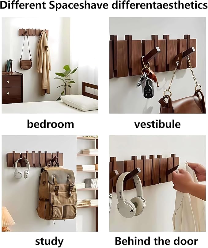 Wall Mounted Coat RackHooks Piano Key Hangers Natural Solid Wood Hanger Non-Woven Fabric Clothes Hangers for Closet, Kitchen, Bedroom, Bathroom, Entryway (Moon-Walnut, 12 Hooks)