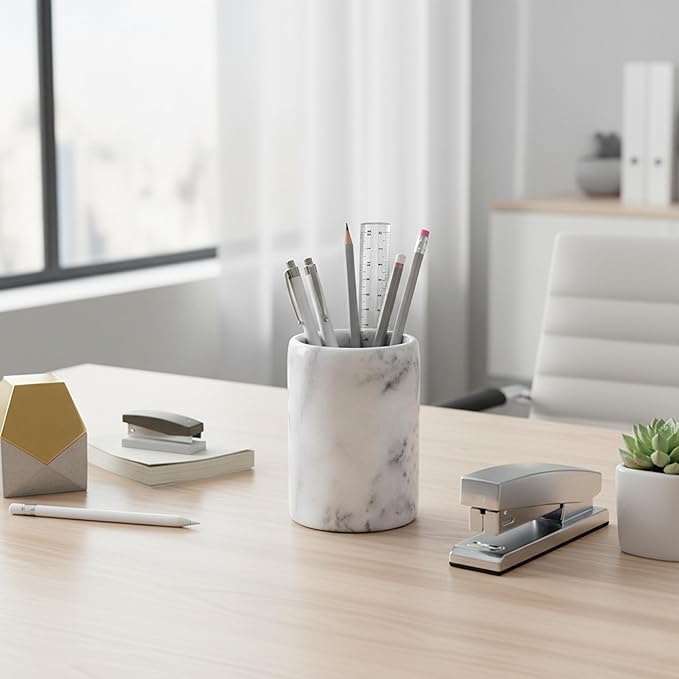 Creative Home Solid Natural Marble Pen Holder â Heavyweight Pencil Cup Organizer for Desk, Vanity, or Bathroom, 3.3" Diameter x 4.5" Height, Off-White with Unique Stone Patterns
