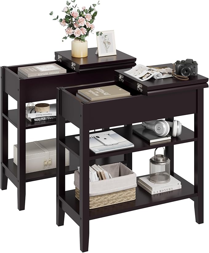 End Table, 3-Tier Flip Top Side Table, Narrow Nightstand with Storage Shelves, for Small Spaces, Living Room, Brown