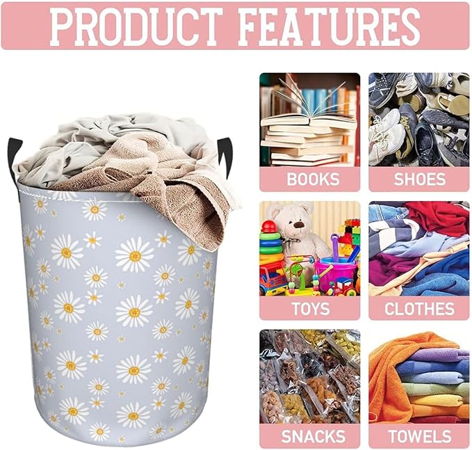 Daisy Flowers Round Laundry Hamper Storage Basket Toys Clothes Organizer Bin For Home Bathroom Bedroom Dorm Nursery, 62l