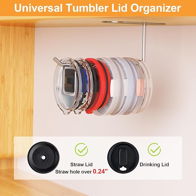 4 Pack Tumbler Lid Organizer, Space Saving Cup Lid Organizer for Yeti/Stanley/Simple Modern Tumbler Lids, Self-Adhesive or Drilling Tumbler Lid Hook for Kitchen Organizers and Storage