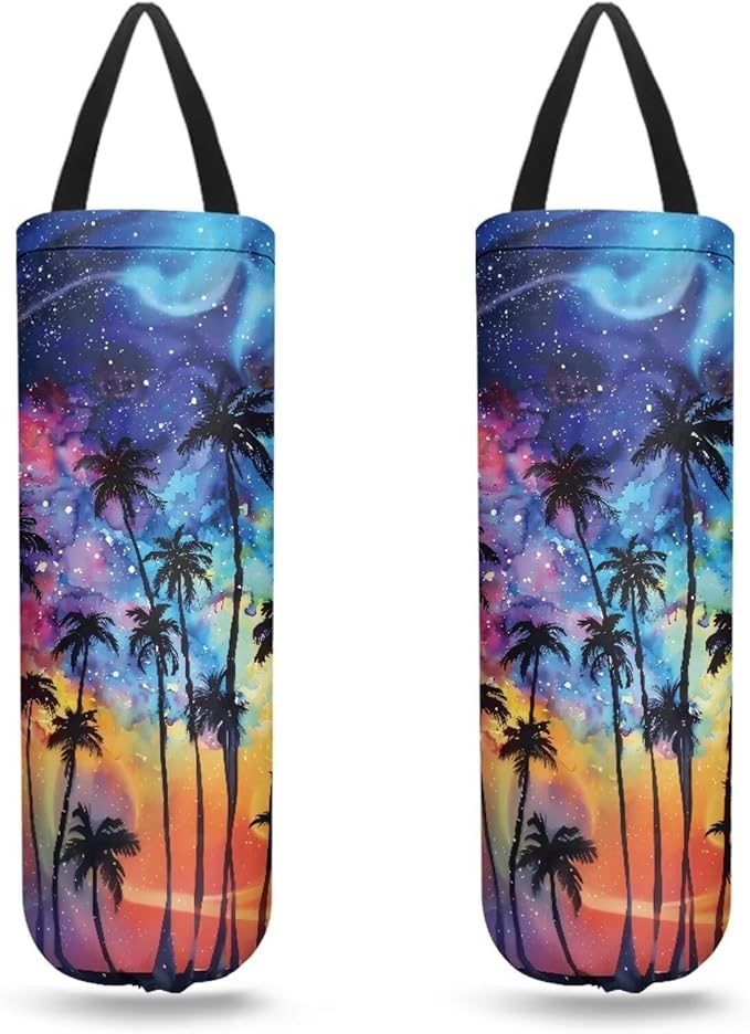 Hanging Plastic Bag Holder Dispenser Set of 2 Reusable Wall Mount Hanging Plastic Bag Storage Organizer for Grocery Bags,Tropical Palm Tree