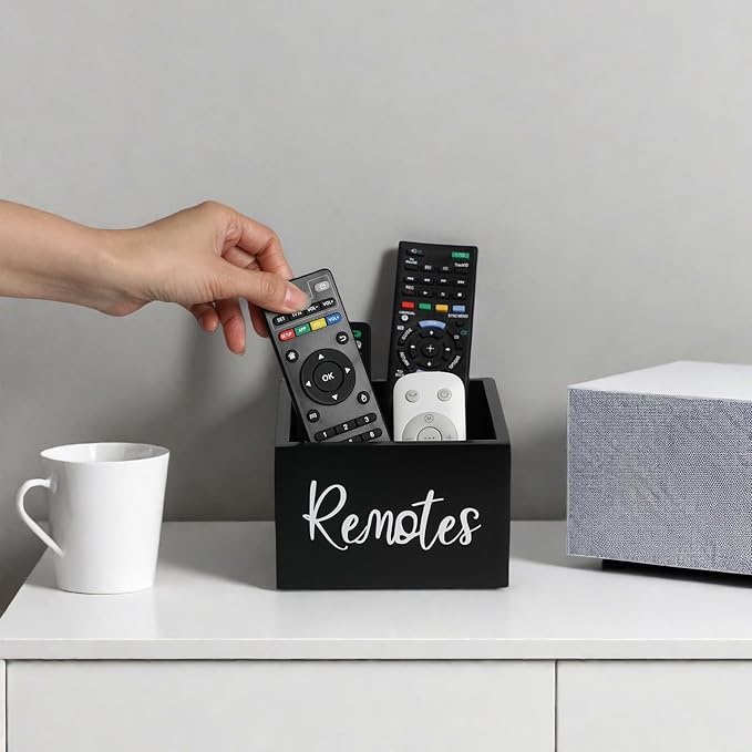 Wood Remote Control Holder, TV Remote Control Organizer for Home Bedroom Table, Multi-Purpose Desktop Storage (Black, M, for 3+ Remote Control)