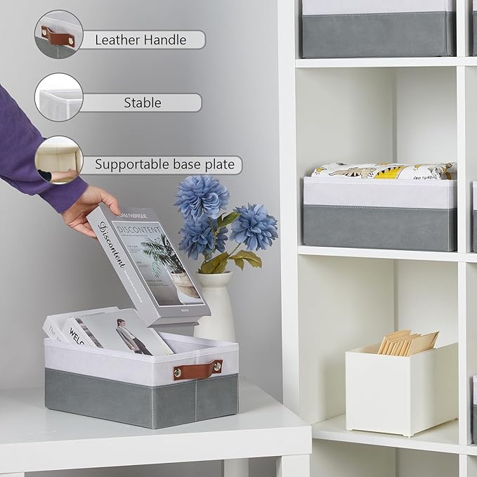 HNZIGE Fabric Storage Bins for Organizing Shelves, 6 PCS Small Foldable Closet Bins with Handles, Home & Office (White & Gray, 11.8 x 7.8 x 5.1)
