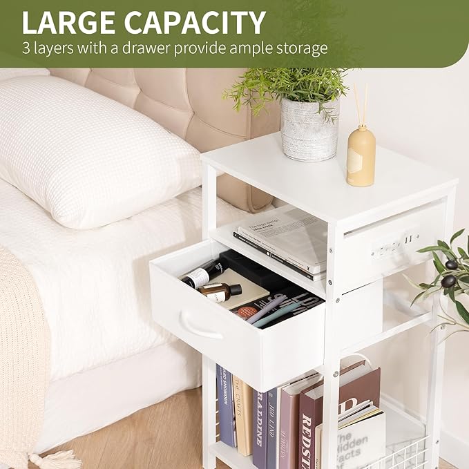 Yoobure Record Player Stand with Storage - End Table with Charging Station & LED Lights, Vinyl Record Storage Holds Up to 100 Albums, Nightstand with Drawer for Living Room Bedroom, White