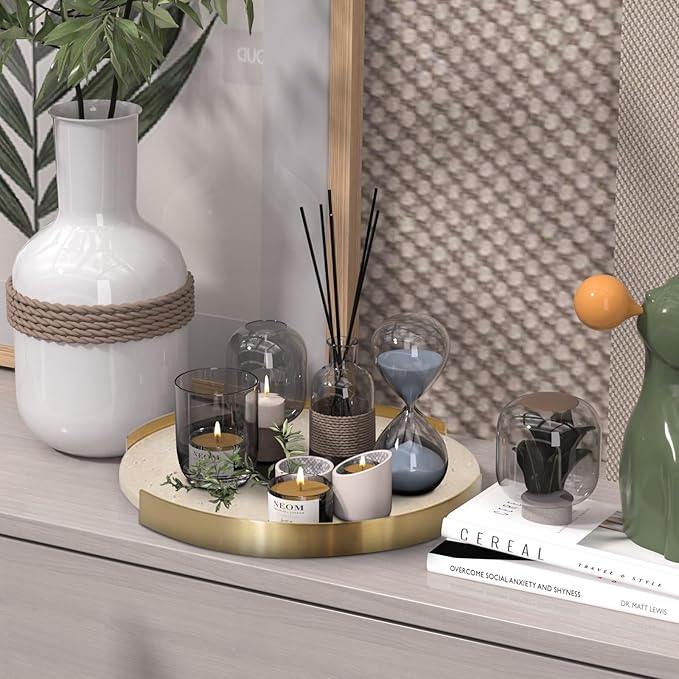 Travertine Tray, Round Marble Vanity Bathroom Countertop Tray, Ceramic Decorative Trays for Coffee Table (M)