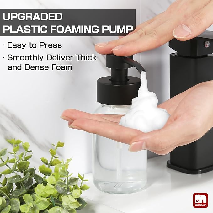 GMISUN Foam Soap Dispenser, 2 Pack 8.5 fl oz / 250 ml Clear Glass Soap Dispenser for Bathroom & Kitchen, Modern Hand Soap Dispensers, Refillable Glass Foaming Soap Dispensers with Waterproof Labels