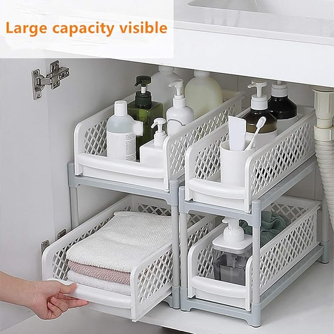 2 - Layer Bathroom Sliding Basket Storage Cabinet Organizer, White Bathroom Shelf with Pull Out Drawers, Space Saving Storage Rack for Kitchen Bathroom Office, Sturdy PP ABS Materi