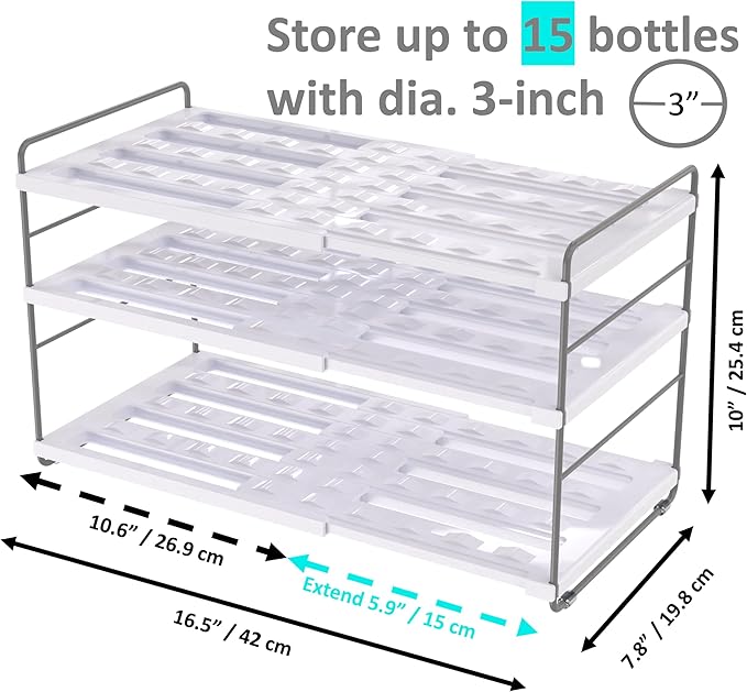 YAN & HIN Expandable Water Bottle Organizer for Cabinet, 3-Tier Tumbler & Bottle Holder, Adjustable Shelf Storage Rack for Kitchen Cabinet, Pantry & Countertop