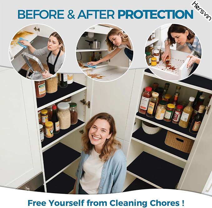 Hersvin Shelf Liners, 24 in x 20 ft Kitchen Drawer Mats, Non-Adhesive EVA Cupboard Protector, Cabinet Lining (Black Dot)