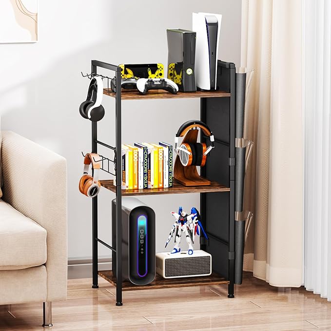 HapiRm Purse Organizer Storage Rack - Floor-Standing 3 Tier Purse Holder with Side Hooks and Transparent Pockets for Handbag Storage, High-Capacity Bag Organizer for Closet, Home, Living Room