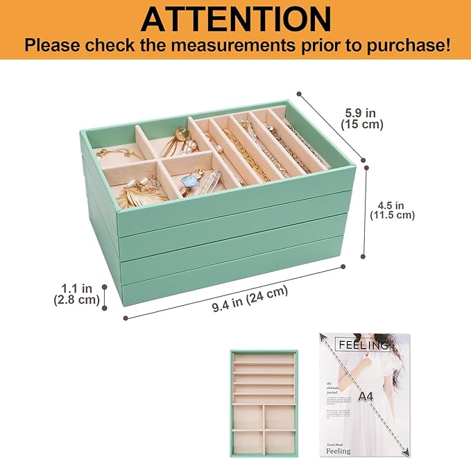 ProCase Stackable Jewelry Organizer Trays for Drawers, Jewelry Drawer Inserts Container Display Case Storage for Earring Necklace Rings Bracelet with Removable Dividers -Mint, 4 Layers