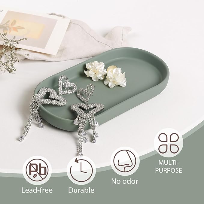 Ceramic Jewelry Tray â Oval Vanity Dish for Rings, Earrings, Bracelets â Minimalist Decorative Trinket Holder for Dresser, Bathroom, Nightstand â Matte Green
