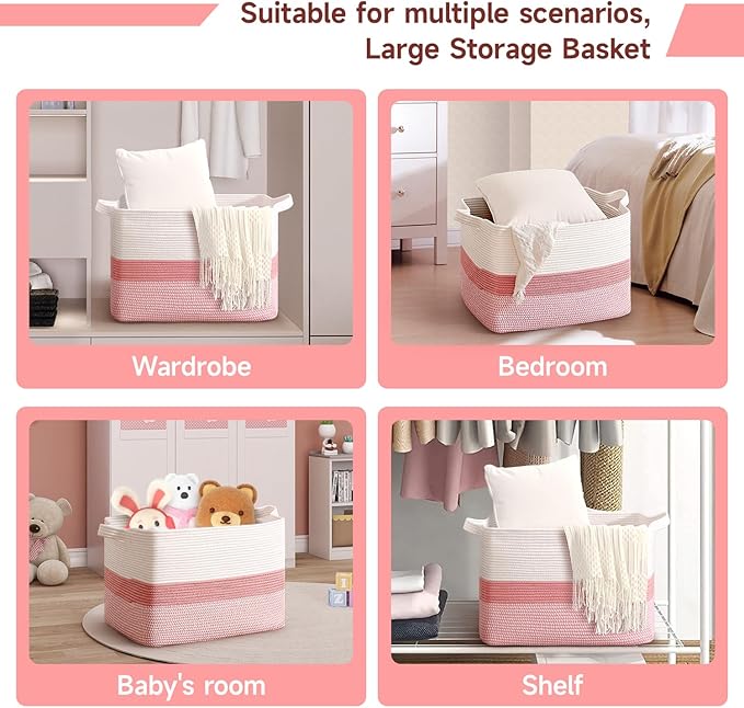 CLHMILY&Z Stylish Square Cotton Rope Storage Basket (Pink & White, 85L)