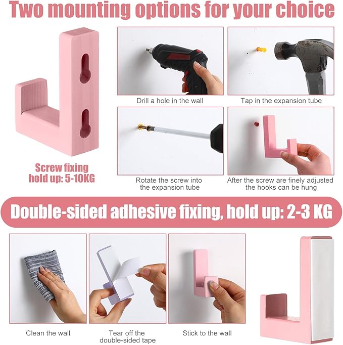 6 Pack Cute Kids Coat Wall Hooks Wooden Adhesive Decorative Colorful Wall Mounted Hangers Backpack Hooks for Hanging Keys Towel Clothes Bathroom Organization(Pink)