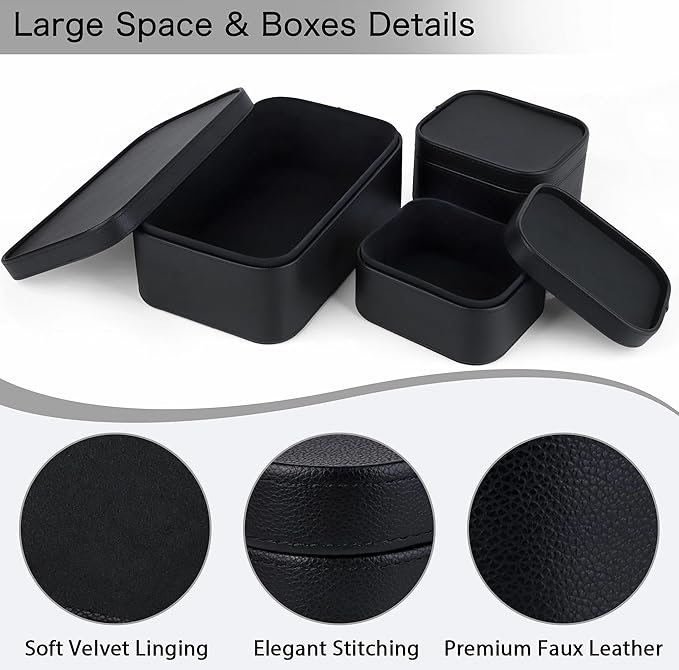 HofferRuffer Faux Leather Decorative Storage Boxes, Dust proof Storage Shelf Baskets with Lids Trays, Storage Bins Memory Box Organizer for Home, Office, Jewelry & More, Set of 3 (Black)
