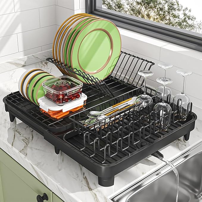 LEMIKKLE Dish Drying Rack, Large-Capacity Dish Drainer with Cutlery Holder Rotatable Water Drainer for Kitchen Counter,20.5" D x 16.1" W x 5.5" H