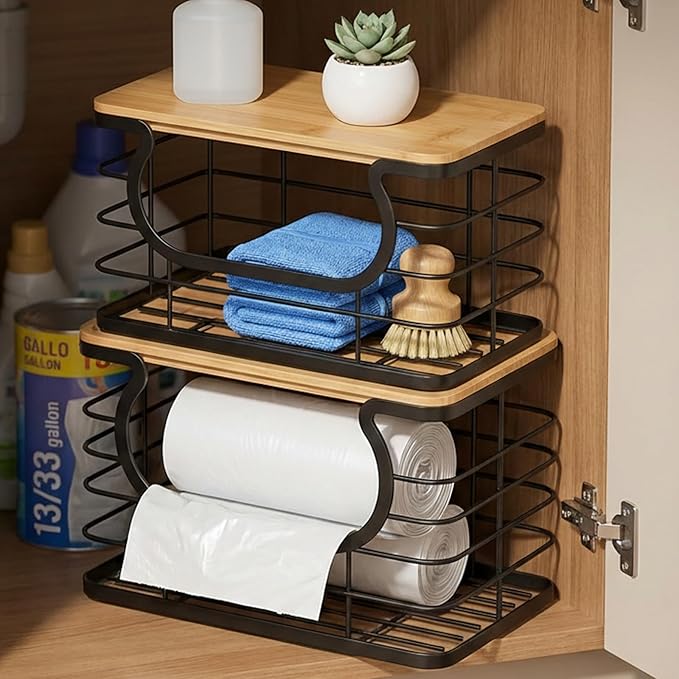 2-Pack Stackable Trash Bag Holder with Natural Fiber Top, Under Sink Garbage Bag Dispenser for Kitchen Storage & Organization, Multi-Use Wire Basket Organizer for Laundry Room & Pantry, Black