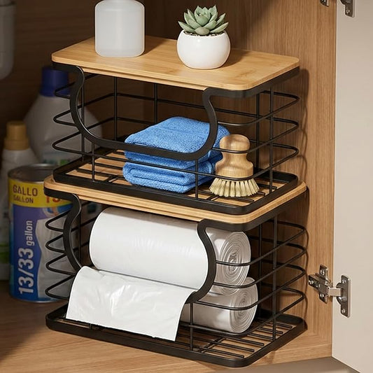 2-Pack Stackable Trash Bag Holder with Natural Fiber Top, Under Sink Garbage Bag Dispenser for Kitchen Storage & Organization, Multi-Use Wire Basket Organizer for Laundry Room & Pantry, Black