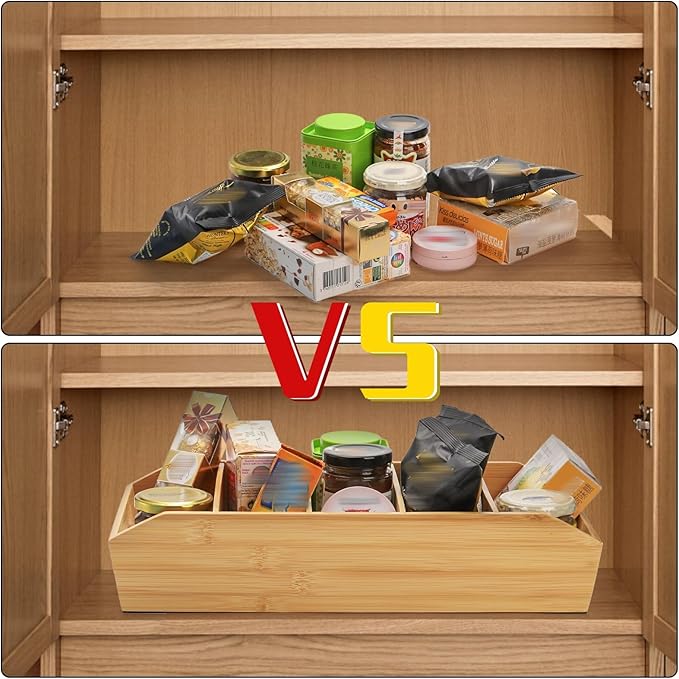 2 Pack Bamboo Pantry Organizers, Storage Bin with Removable Dividers, Divided Snack Oragnizer with Handle, Stackable Cabinet Basket, Drawer Caddy for Kitchen Office Packets Sauce Pouches