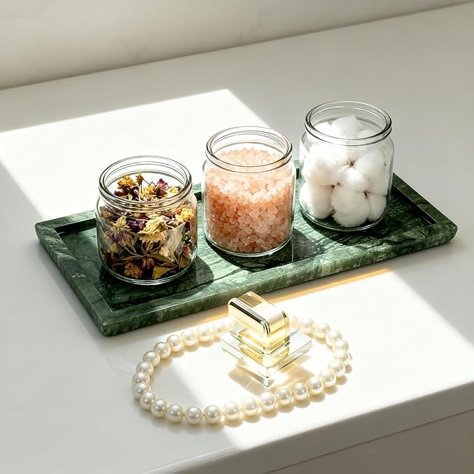 Natural Marble Vanity Bathroom Tray, 12 x 6 Inch Elegant Home Decor Tray for Kitchen,Bathroom,Dresser, Coffee Table,Sink Storage Holder Organizer, Green (NS029)