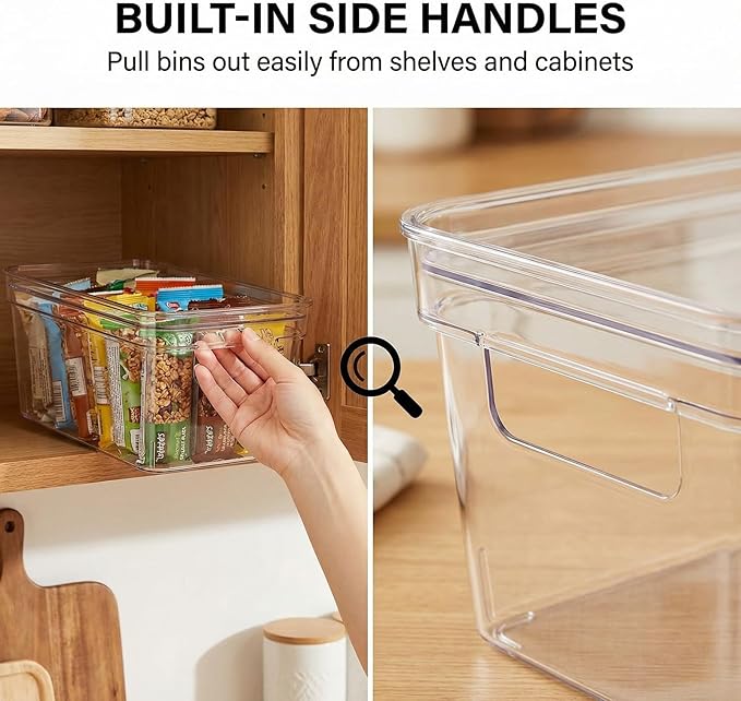 MOONEDGE Small Clear Plastic Storage Bins with Lids and Handles – Stackable Clear Organizer Bins for Fridge, Kitchen, Pantry, Bathroom, Closet, Laundry Room, Office – 2 Pack (10×6×5 in)