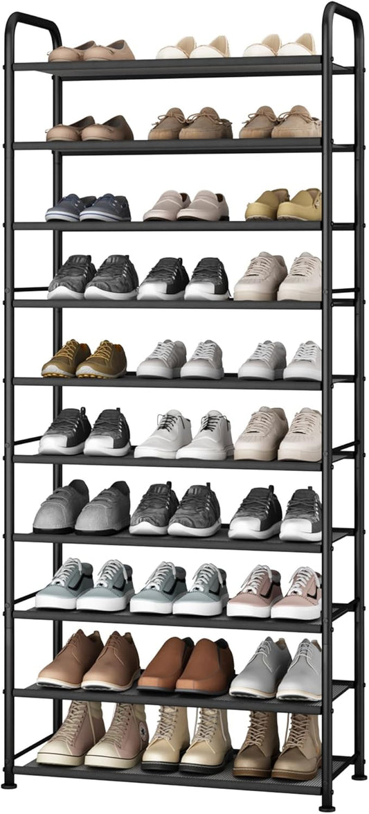 STO STO 10-Tier Shoe Rack with Sturdy Mesh Shelves, Tall Metal Shoe Organizer for Entryway, Closet, Garage, Front Door, Holds 30 Pairs, Free Standing Large Shoe Storage Shelf, Adjustable Feet, Black