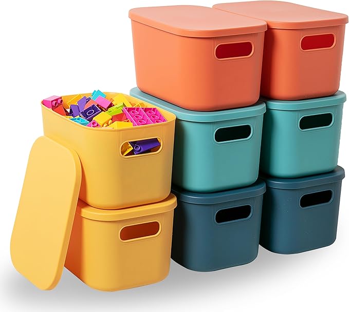 Plastic Storage Bins with Lid, Stackable Storage Containers for Organizing, Decorative Storage Baskets for Shelves Living Room Playroom Classroom Office (Small (8 PCS))